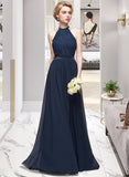 Annie A-Line/Princess Scoop Neck Floor-Length Chiffon Bridesmaid Dress With Ruffle STIP0013105