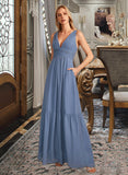 Sydney A-Line V-neck Floor-Length Bridesmaid Dress With Pockets STIP0013108