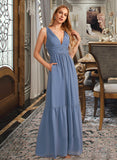 Sydney A-Line V-neck Floor-Length Bridesmaid Dress With Pockets STIP0013108