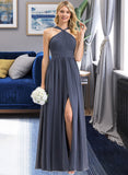 Genesis A-Line V-neck Floor-Length Chiffon Bridesmaid Dress With Ruffle Split Front STIP0013112