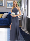 Genesis A-Line V-neck Floor-Length Chiffon Bridesmaid Dress With Ruffle Split Front STIP0013112