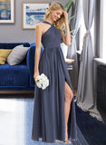 Genesis A-Line V-neck Floor-Length Chiffon Bridesmaid Dress With Ruffle Split Front STIP0013112