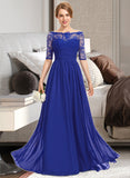 Shiloh A-line Off the Shoulder Floor-Length Chiffon Lace Bridesmaid Dress With Ruffle STIP0013113