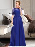 Shiloh A-line Off the Shoulder Floor-Length Chiffon Lace Bridesmaid Dress With Ruffle STIP0013113