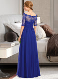 Shiloh A-line Off the Shoulder Floor-Length Chiffon Lace Bridesmaid Dress With Ruffle STIP0013113