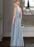 Cierra A-Line Scoop Neck Floor-Length Chiffon Lace Bridesmaid Dress With Split Front STIP0013114