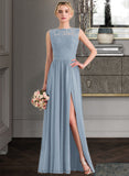 Cierra A-Line Scoop Neck Floor-Length Chiffon Lace Bridesmaid Dress With Split Front STIP0013114