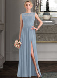 Cierra A-Line Scoop Neck Floor-Length Chiffon Lace Bridesmaid Dress With Split Front STIP0013114