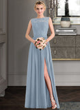 Cierra A-Line Scoop Neck Floor-Length Chiffon Lace Bridesmaid Dress With Split Front STIP0013114