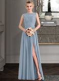 Cierra A-Line Scoop Neck Floor-Length Chiffon Lace Bridesmaid Dress With Split Front STIP0013114