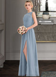 Cierra A-Line Scoop Neck Floor-Length Chiffon Lace Bridesmaid Dress With Split Front STIP0013114