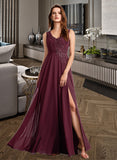 Tricia A-Line V-neck Floor-Length Bridesmaid Dress With Lace STIP0013117