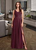 Tricia A-Line V-neck Floor-Length Bridesmaid Dress With Lace STIP0013117