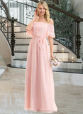 Ashlee A-Line Off-the-Shoulder Floor-Length Chiffon Bridesmaid Dress With Bow(s) Cascading Ruffles STIP0013121