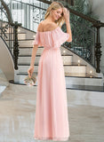 Ashlee A-Line Off-the-Shoulder Floor-Length Chiffon Bridesmaid Dress With Bow(s) Cascading Ruffles STIP0013121