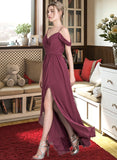 Susanna A-Line V-neck Floor-Length Chiffon Bridesmaid Dress With Bow(s) Split Front Cascading Ruffles STIP0013123