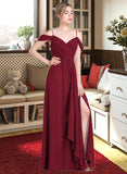 Susanna A-Line V-neck Floor-Length Chiffon Bridesmaid Dress With Bow(s) Split Front Cascading Ruffles STIP0013123