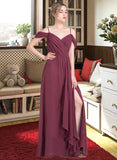 Susanna A-Line V-neck Floor-Length Chiffon Bridesmaid Dress With Bow(s) Split Front Cascading Ruffles STIP0013123