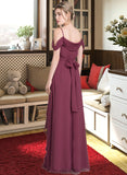 Susanna A-Line V-neck Floor-Length Chiffon Bridesmaid Dress With Bow(s) Split Front Cascading Ruffles STIP0013123