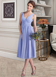 Chana A-Line V-neck Tea-Length Chiffon Bridesmaid Dress With Ruffle STIP0013125