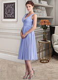 Chana A-Line V-neck Tea-Length Chiffon Bridesmaid Dress With Ruffle STIP0013125