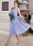 Chana A-Line V-neck Tea-Length Chiffon Bridesmaid Dress With Ruffle STIP0013125