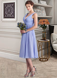 Chana A-Line V-neck Tea-Length Chiffon Bridesmaid Dress With Ruffle STIP0013125