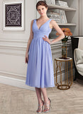 Chana A-Line V-neck Tea-Length Chiffon Bridesmaid Dress With Ruffle STIP0013125