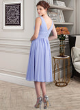 Chana A-Line V-neck Tea-Length Chiffon Bridesmaid Dress With Ruffle STIP0013125