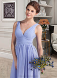 Chana A-Line V-neck Tea-Length Chiffon Bridesmaid Dress With Ruffle STIP0013125