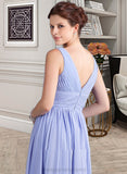 Chana A-Line V-neck Tea-Length Chiffon Bridesmaid Dress With Ruffle STIP0013125