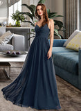 Azaria A-Line V-neck Floor-Length Bridesmaid Dress With Lace STIP0013127