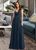 Azaria A-Line V-neck Floor-Length Bridesmaid Dress With Lace STIP0013127