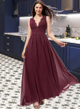 Perla A-Line V-neck Floor-Length Chiffon Bridesmaid Dress With Ruffle Lace STIP0013129