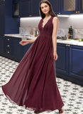 Perla A-Line V-neck Floor-Length Chiffon Bridesmaid Dress With Ruffle Lace STIP0013129