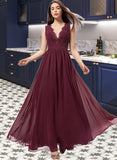 Perla A-Line V-neck Floor-Length Chiffon Bridesmaid Dress With Ruffle Lace STIP0013129