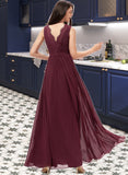 Perla A-Line V-neck Floor-Length Chiffon Bridesmaid Dress With Ruffle Lace STIP0013129