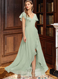 Amber A-Line V-neck Asymmetrical Chiffon Bridesmaid Dress With Cascading Ruffles STIP0013130