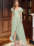 Amber A-Line V-neck Asymmetrical Chiffon Bridesmaid Dress With Cascading Ruffles STIP0013130