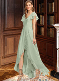 Amber A-Line V-neck Asymmetrical Chiffon Bridesmaid Dress With Cascading Ruffles STIP0013130