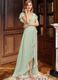 Amber A-Line V-neck Asymmetrical Chiffon Bridesmaid Dress With Cascading Ruffles STIP0013130