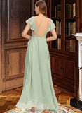 Amber A-Line V-neck Asymmetrical Chiffon Bridesmaid Dress With Cascading Ruffles STIP0013130