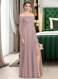 Ashley A-Line Off-the-Shoulder Floor-Length Chiffon Lace Bridesmaid Dress With Split Front STIP0013131