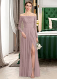 Ashley A-Line Off-the-Shoulder Floor-Length Chiffon Lace Bridesmaid Dress With Split Front STIP0013131