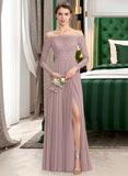 Ashley A-Line Off-the-Shoulder Floor-Length Chiffon Lace Bridesmaid Dress With Split Front STIP0013131