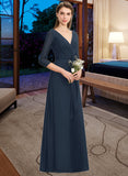 Lorelei A-Line V-neck Floor-Length Chiffon Bridesmaid Dress With Ruffle Bow(s) STIP0013132