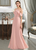 Alma A-Line V-neck Floor-Length Chiffon Bridesmaid Dress With Bow(s) Cascading Ruffles STIP0013134