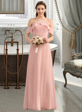 Alma A-Line V-neck Floor-Length Chiffon Bridesmaid Dress With Bow(s) Cascading Ruffles STIP0013134