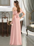 Alma A-Line V-neck Floor-Length Chiffon Bridesmaid Dress With Bow(s) Cascading Ruffles STIP0013134