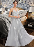 Lesly A-Line V-neck Floor-Length Bridesmaid Dress With Lace STIP0013140